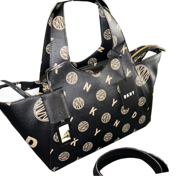 BLACK DKNY & TAUPE LOGO MEDIUM TOTE HANDBAG REMOVABLE SHOULDER STRAP NWT $400 - Picture 3 of 16